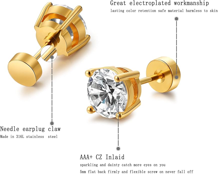 Kainier Women's 14K Gold Plated CZ Stud Earrings Simulated Diamond Round Cubic Zirconia Ear Stud Set（5 Pairs)…