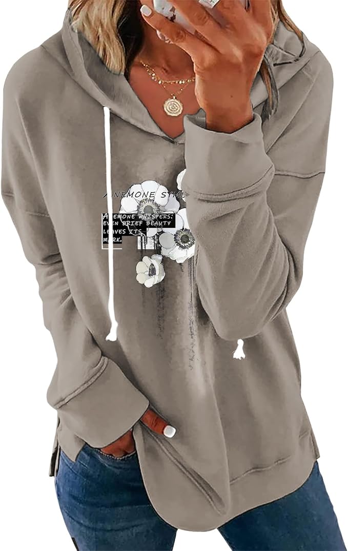 Women's Brown Mandala Print Hoodie Long Sleeve Loose Fit Tunic Top with Drawstring Side Split for Fall Winter