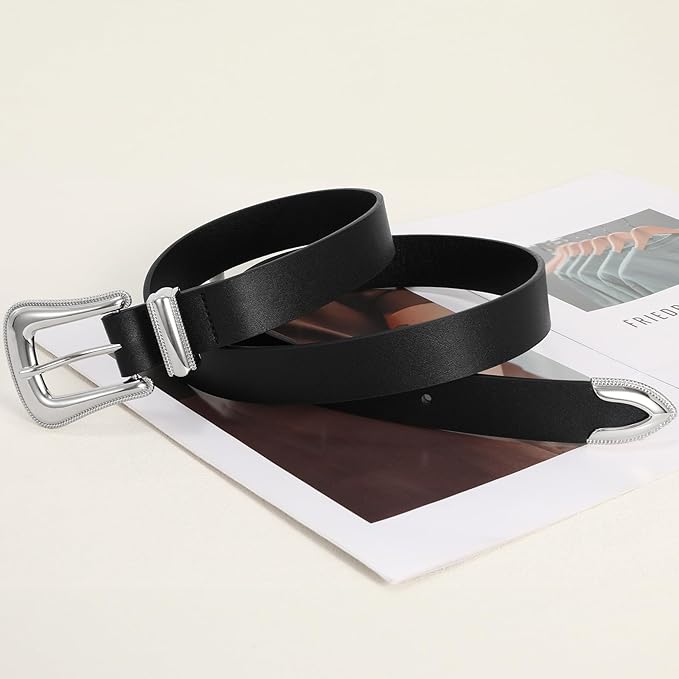 Genuine Leather Belt for Women - Silver Buckle Strap for Jeans & Dresses