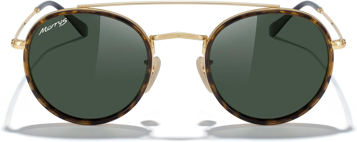 MERRY'S Retro Round Polarized Sunglasses - Unisex Double Bridge Sun Glasses