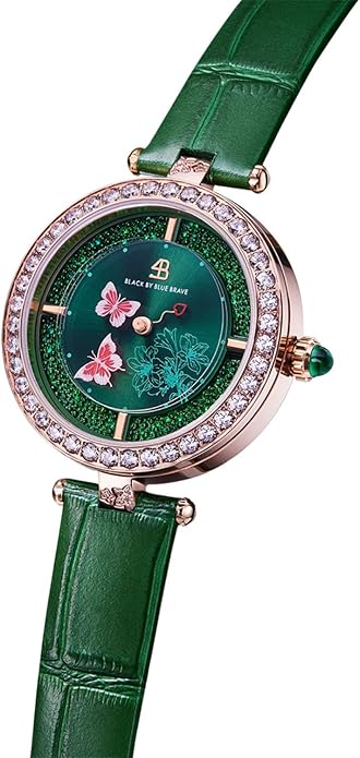 Women's Watch Butterfly Watches for Women Moving Butterflys Hands with Genuine Leather Strap Bee Watches for Women BLACK BY BLUE BRAVE Butterfly Lovers, Sapphire Crystal Glass combining Cubic Zirconia Stones and 3.5mm Synthetic Crystal Women's Wrist Watch