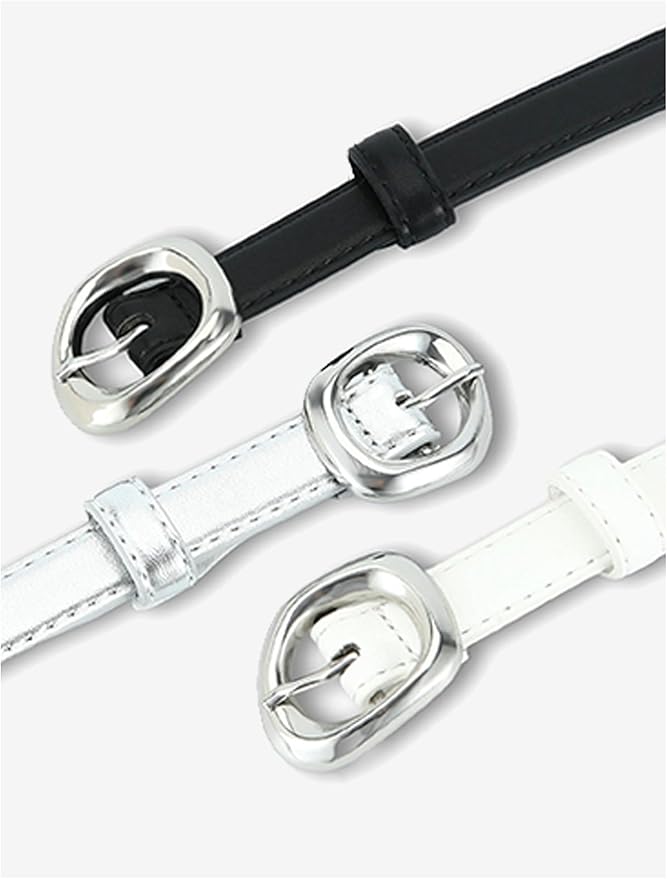 Thin Belt for Women Jeans Faux Leather Ladies Skinny Waist Belts for Dresses Pants with Trendy Gold/Silver Buckle