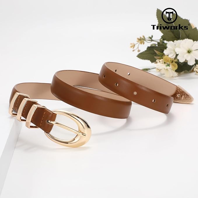 TRIWORKS Women Leather Belt for Jeans Pants Fashion Ladies Skinny Faux Leather Dress belt with Gold Buckle