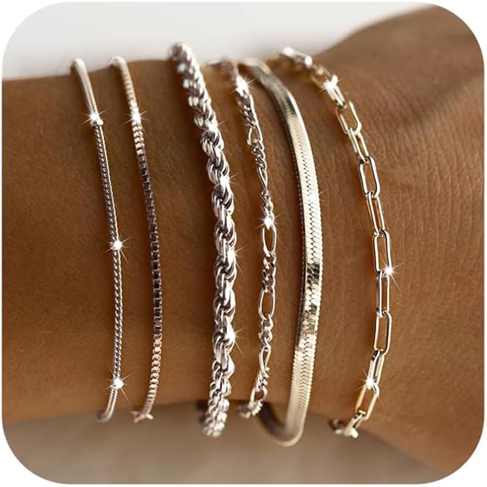 DEARMAY Gold Bracelets for Women Waterproof, 14K Gold Plated Jewelry Sets Trendy Thin Dainty Stackable Cuban Link Paperclip Chain Bracelet Pack Fashion Accessories Gifts for Womens