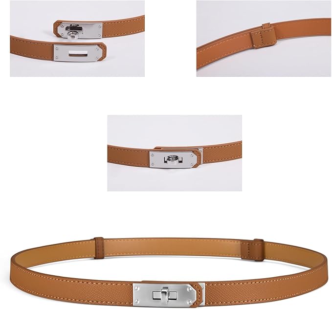 Skinny Leather Belts for Women with Adjustable Silver Turn-Lock Buckle for Dresses Jeans and Pants