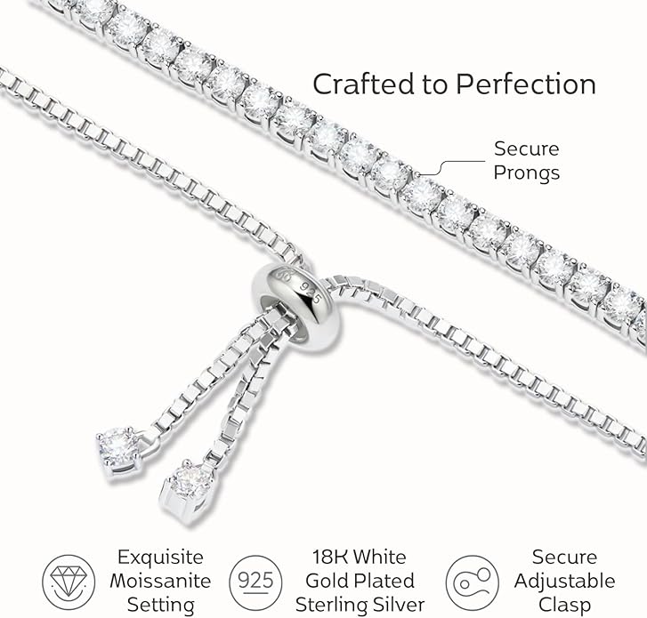 LOVE&LOVE Moissanite Tennis Bracelet for Women, Adjustable Bracelet 925 Sterling Silver 3/4mm D VVS1 Round Cut, Luxury Jewelry Gift for Wife Mom Girlfriend Birthday Anniversary