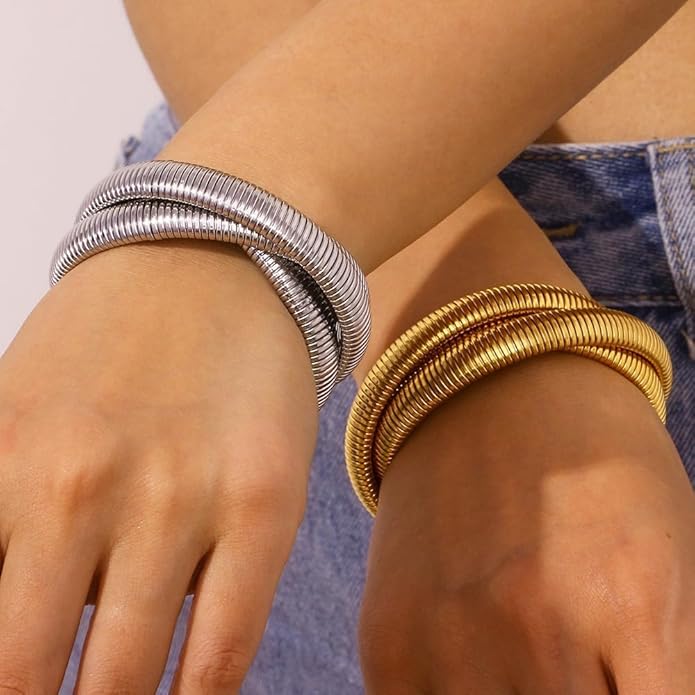 MISS RIGHT Gold Chunky Stretch Snake Chain Bangle Bracelets Stack for Women Trendy, 18K Gold Filled Stainless Steel Stretchy Womens Stackable Wristband Bangles Bracelet Set