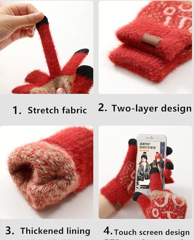 Winter Hat Scarf Gloves Set for Women Womens Knit Warm Hat Beanie Long Scarf Touchscreen Gloves Skull Caps Neck Scarves