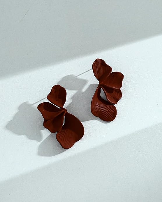 Flower Earrings For Women Large Brown and Wine Red Painted Floral Dangle Statement Earring Chunky Burgundy Fall Earrigs Gift