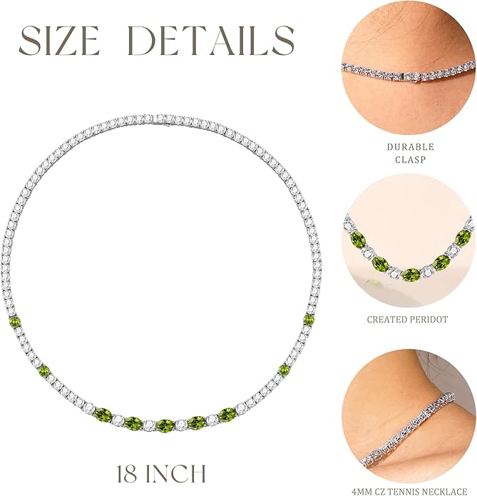 FANCIME Sterling Silver Tennis Necklace 4mm 18 inch Birthstone Necklace with 6 * 8mm Oval Gemstone Luxury Fine Birthday Jewelry Gifts for Women