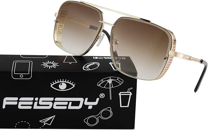 FEISEDY Sunglasses Mens Women Vintage Pilot Square Trendy Metal Steampunk Fishing Driving Sun Glasses B2894