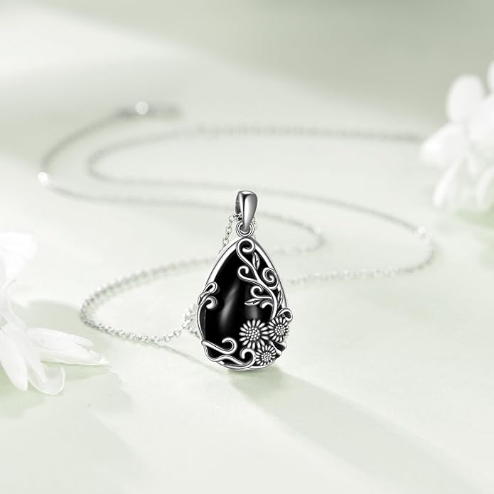 YFN Black Obsidian/Moonstone/Turquoise/Moss Agate Sunflower Filigree Teardrop Pendant Necklace Jewelry for Women - 925 Sterling Silver