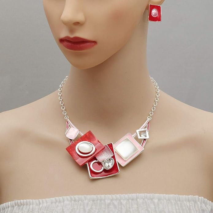 CSY Fashion Boho Oval Crystal Opals Statement Bib Necklace Earrings Bohemian Enamel Costume Jewelry Set Gifts for Women
