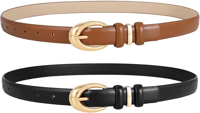 2 Pack Women Leather Belts for Jeans Dress Fashion Ladies Belt with Gold Silver Buckle