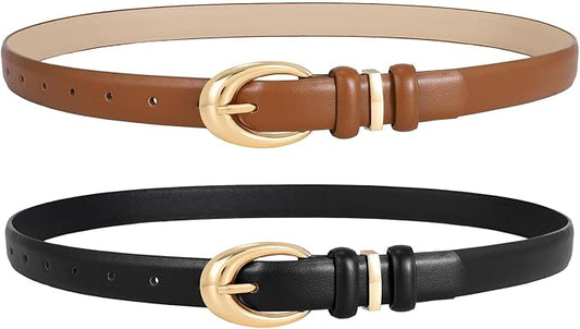 2 Pack Women Leather Belts for Jeans Dress Fashion Ladies Belt with Gold Silver Buckle