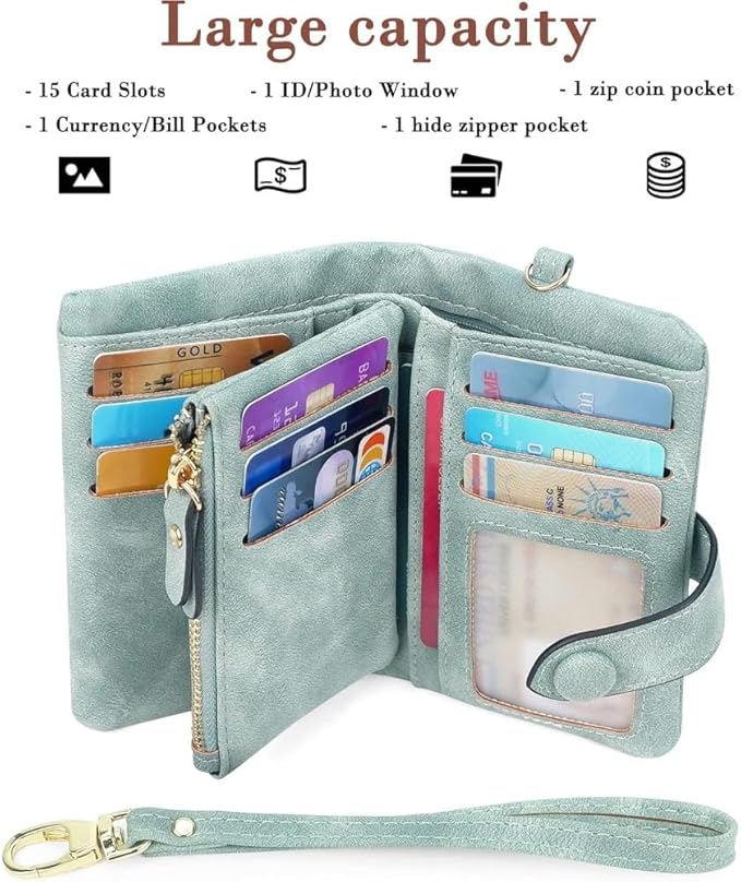 Women's Leather Wristlet Wallet, Bifold RFID Purse with ID Window, Zipper Coin Pocket for Daily Essentials (Light Green)