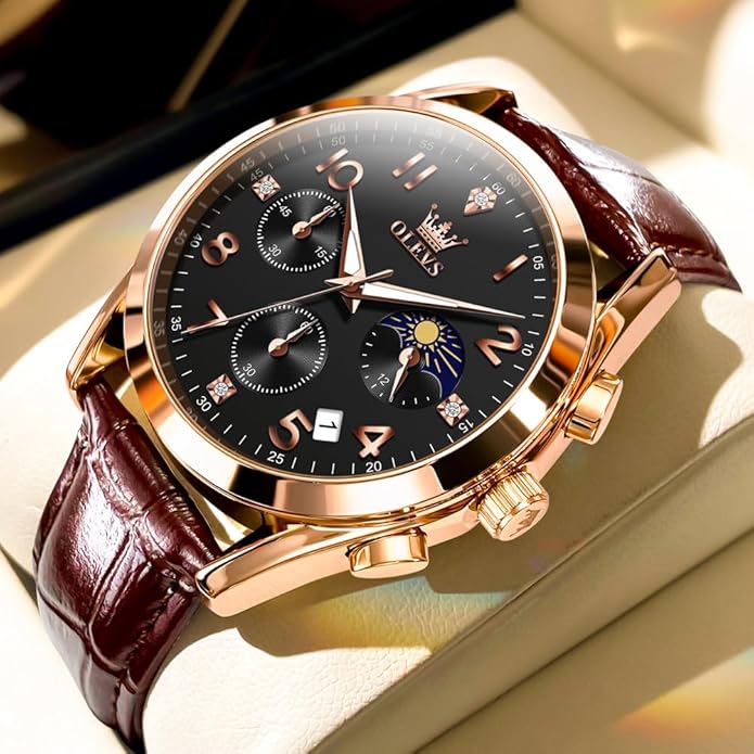 OLEVS Men's Watches Brown Leather with Date,Casual Watches for Men,Large Face Watches Men,Chronograph Mens Watch,Sport Waterproof Business Dress Analog Quartz Men's Wrist Watches Reloj De Hombre