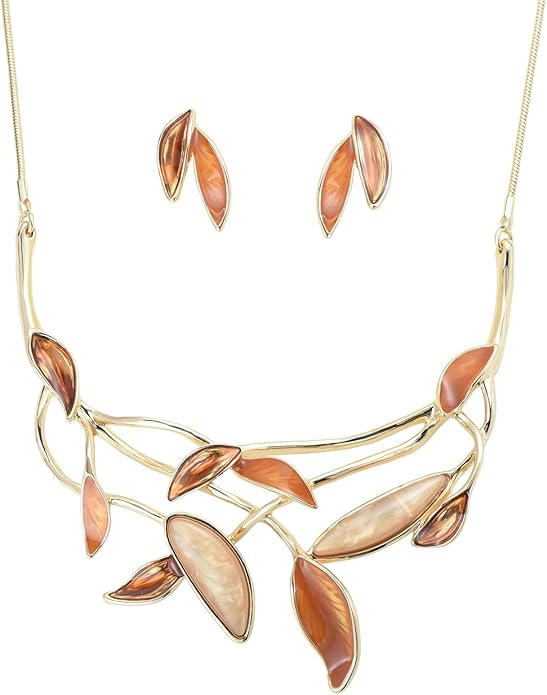 Retro Women's Crystal Floral Petal Leaf Chunky Statement Necklace and Earrings Set Party Jewelry