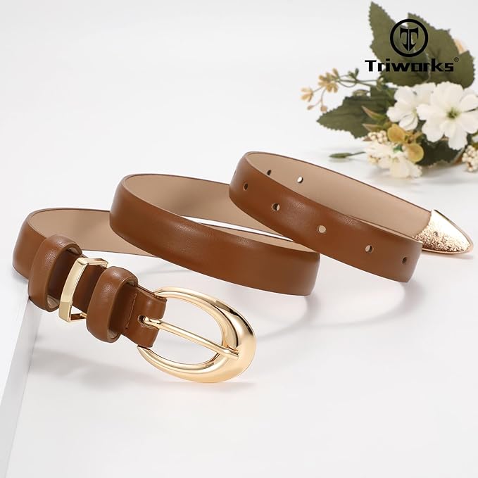 TRIWORKS Women Leather Belt for Jeans Pants Fashion Ladies Skinny Faux Leather Dress belt with Gold Buckle