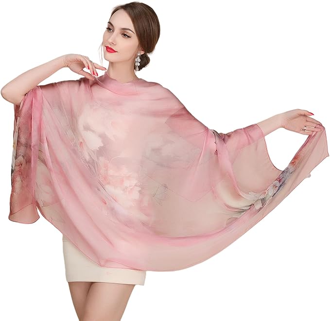 100% Mulberry Silk Women's Neck Silk Scarf-Lightweight Shawl,FLoral Print Beach Silk Wrap-Scarves for Photography