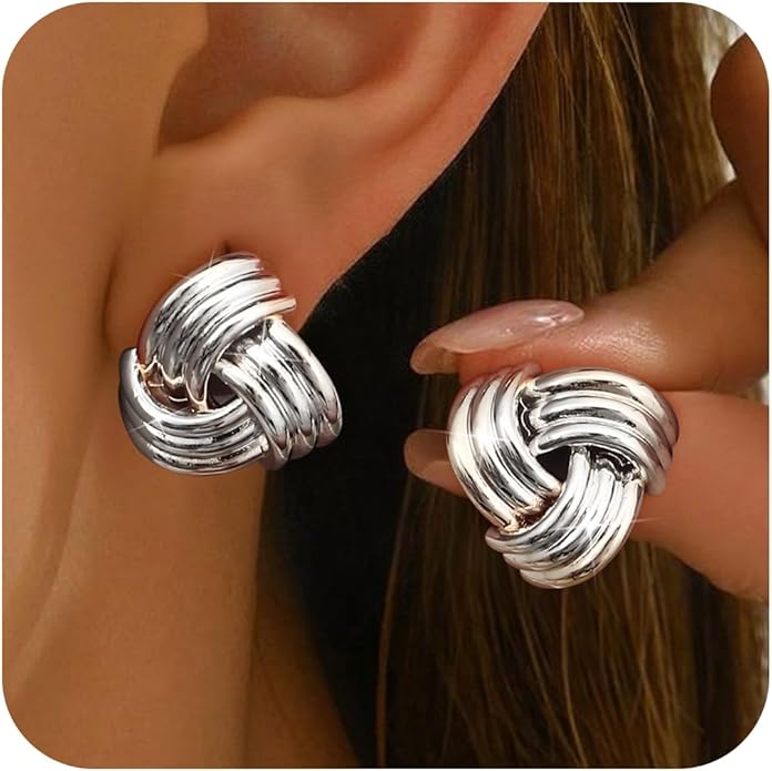 ORAZIO Chunky Gold Plated Knot Earrings for Womens Trendy 925 Silver Statement Lightweight Dangle Drop Hypoallergenic Large Geometric Stud Earring Jewelry for Women
