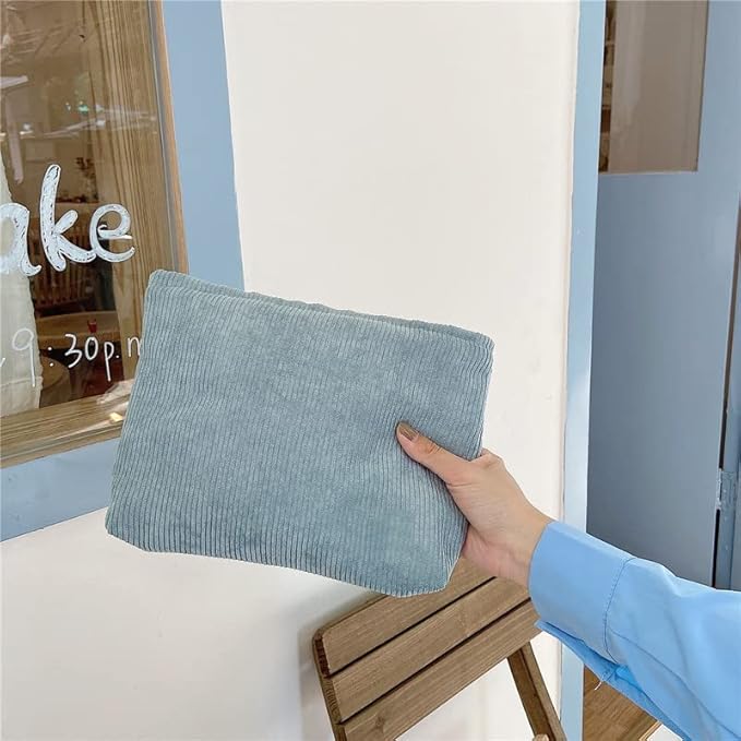 PAZIMIIK Makeup Bag Large Zipper Corduroy Make Up Pouch for Purse Travel Canvas Cosmetic Organizer for Women Brush Storage,Blue