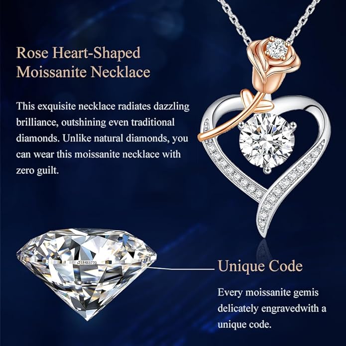 immobird 2 Carat Moissanite Necklace for Wife S925 Silver Rose Lab-Created Gem Heart Necklaces for Women Girlfriend Special Occasions Gifts Valentine's Day Gift
