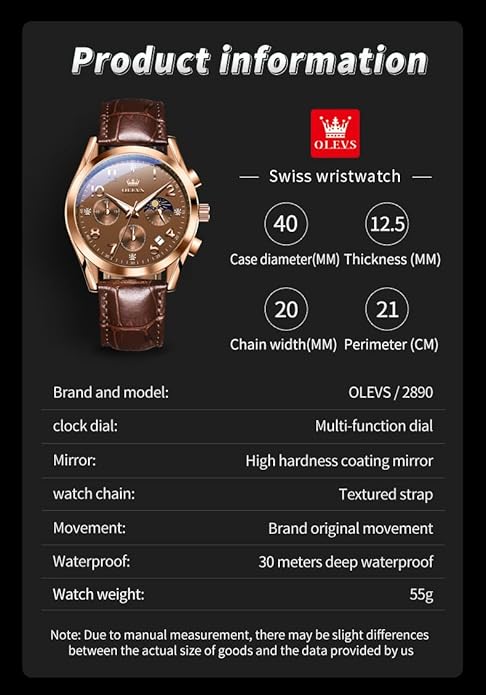 OLEVS Men's Watches Brown Leather with Date,Casual Watches for Men,Large Face Watches Men,Chronograph Mens Watch,Sport Waterproof Business Dress Analog Quartz Men's Wrist Watches Reloj De Hombre