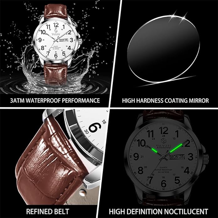 Watches for Men Luxury Analog Waterproof Classic Leather Large Face Simple Easy Read Quartz Minimalist Dress Day Date Quartz Mens Watches