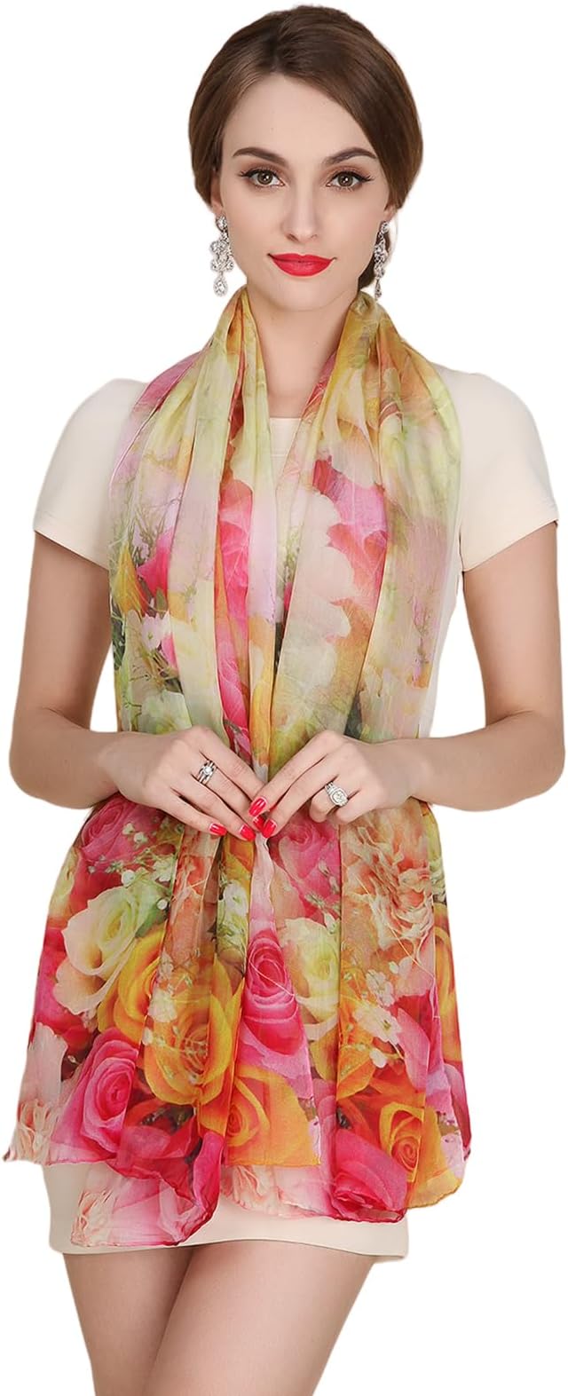 100% Mulberry Silk Women's Neck Silk Scarf-Lightweight Shawl,FLoral Print Beach Silk Wrap-Scarves for Photography