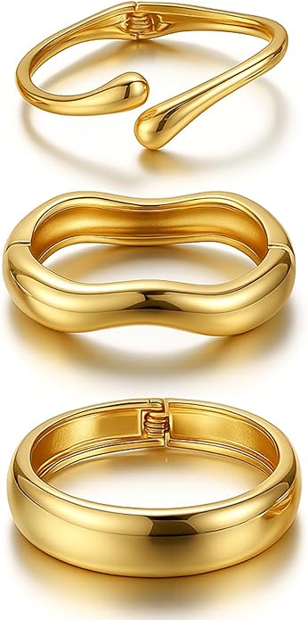Chunky Gold Bangle Bracelets for Women, 14k Gold Plated Dainty Cuff Stackable Bangles Set, Trendy Bracelet Stack Fashion Jewelry Gifts