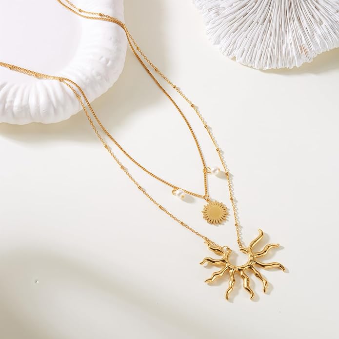 Dainty Gold Plated Sun Pendant Necklace for Women, Layered Choker Chain, Minimalist Celestial Jewelry Gift for Her