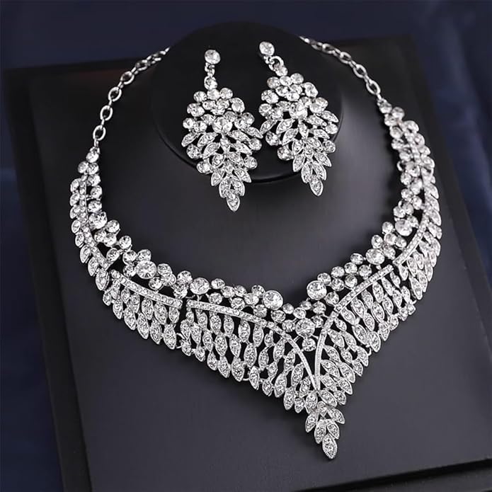 Wedding Bridal Jewelry Set Crystal Rhinestone Statement Necklace Vintage Collar Necklace Dangle Earrings Set for Women
