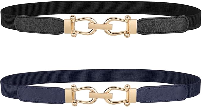 JASGOOD Women Skinny Elastic Belt for Dresses,Thin Retro Stretch Waist Belt with Golden Buckle