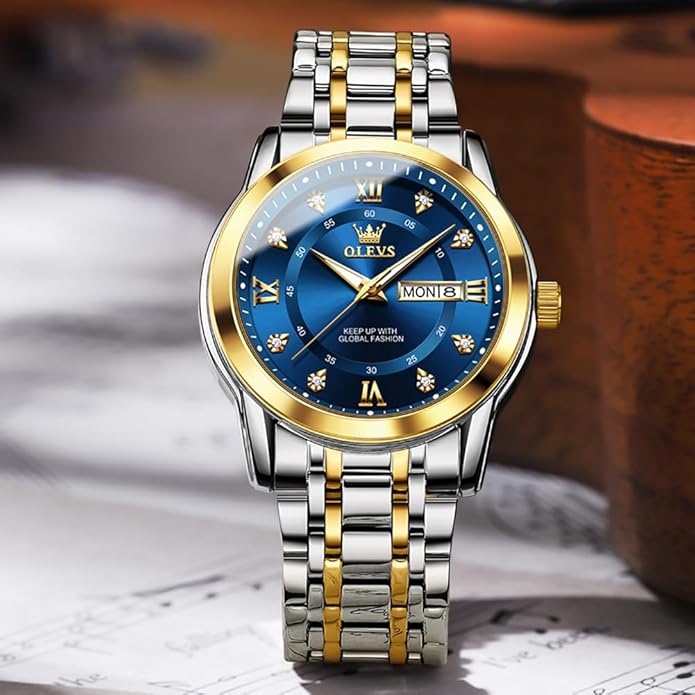 OLEVS Classic Men Watches with Date,Stainless Steel Man Watch with Date, Bussiness Watches for Men,Luminous Quartz Mens Watches Black/White/Blue/Gold, Waterproof Male Watch with Week