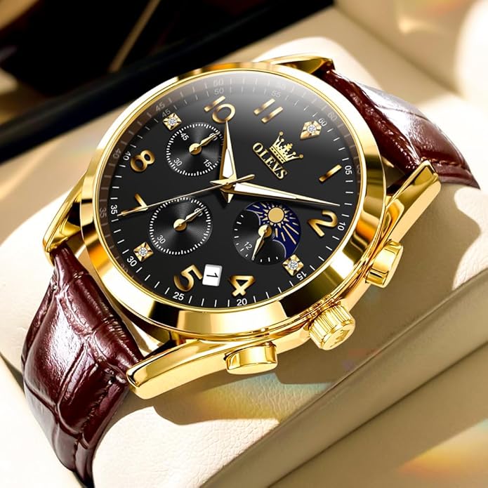 OLEVS Men's Watches Brown Leather with Date,Casual Watches for Men,Large Face Watches Men,Chronograph Mens Watch,Sport Waterproof Business Dress Analog Quartz Men's Wrist Watches Reloj De Hombre