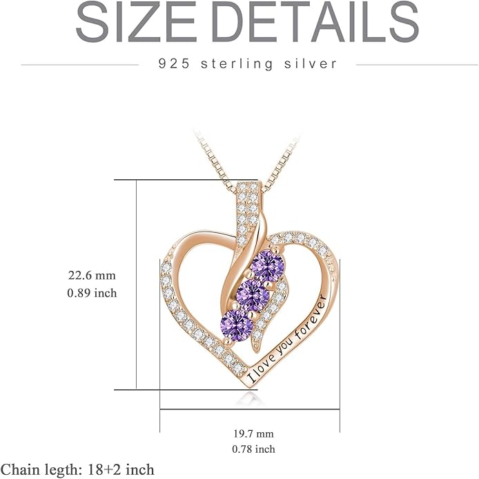 Rose Heart Birthstone Necklace for Women - Solid S925 Sterling Silver with Rose Gold Plated Infinity Symbol of Love Valentine's, Mother's Day, Anniversary, Christmas Birthday Gift for Her, Mom, Wife, or Girlfriend.