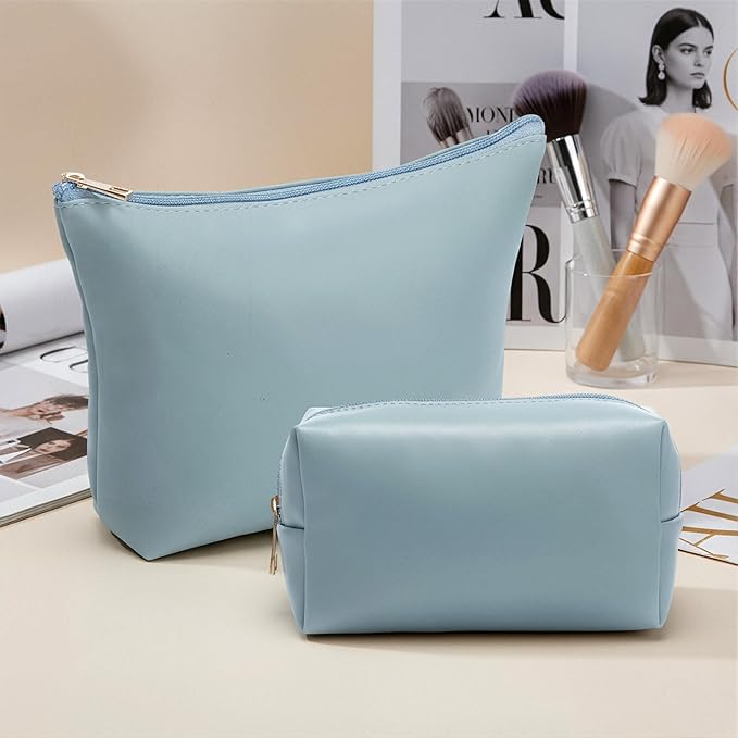 Kigeli 2 Pcs PU Leather Makeup Bag Set for Women Aesthetic Cosmetic Bag Small Toiletry Travel Pouch for Purse Emergency Skincare Organizer Valentine Gifts for Bridesmaid Birthday(Blue)