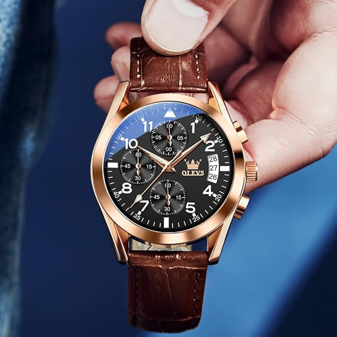 OLEVS Men's Watches Brown Leather with Date,Casual Watches for Men,Large Face Watches Men,Chronograph Mens Watch,Sport Waterproof Business Dress Analog Quartz Men's Wrist Watches Reloj De Hombre