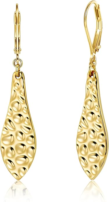 ALEXCRAFT 925 Sterling Silver Dangle Earrings for Women, 14K Gold Plated French Leverback Earrings, Hypoallergenic Lightweight Statement Hammer Square Bar Long Drop Earing for Women Trendy Jewelry
