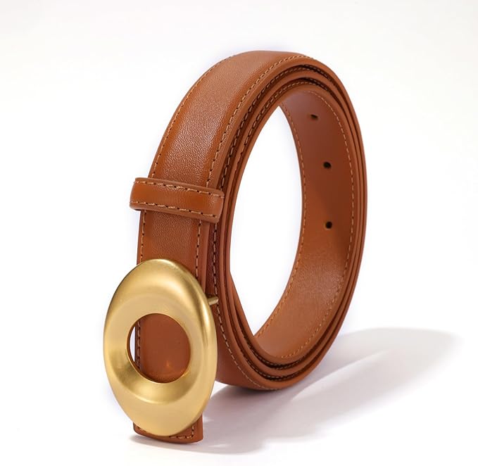 Women's Elegant Casual Genuine Leather Belt with Matte Oval Vintage Gold Buckle for Jeans Pants Dresses