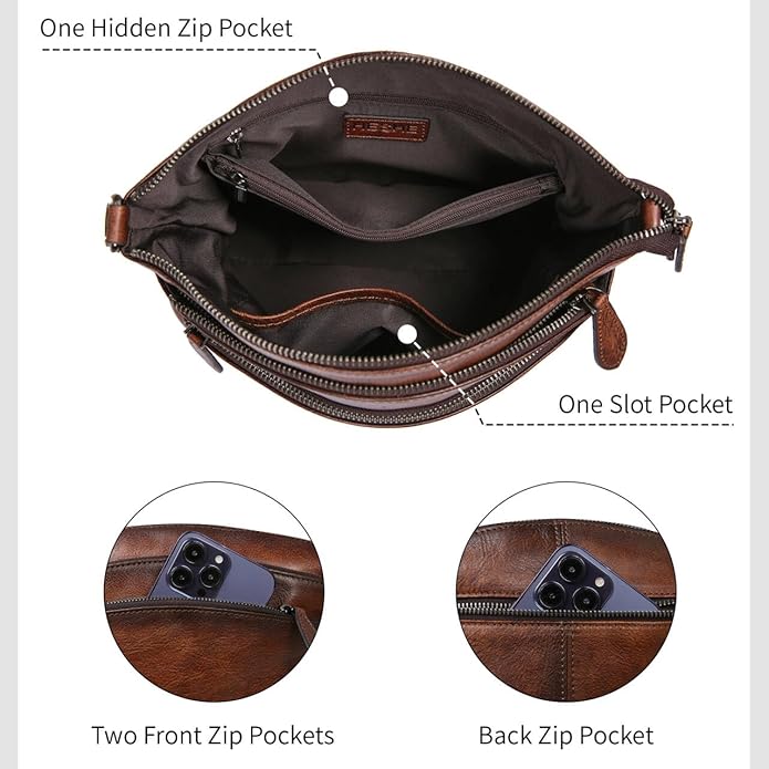 HESHE Crossbody Bags for Women Genuine Leather Purses with Multi-Pockets Vintage Ladies Small Shoulder Satchel Bag