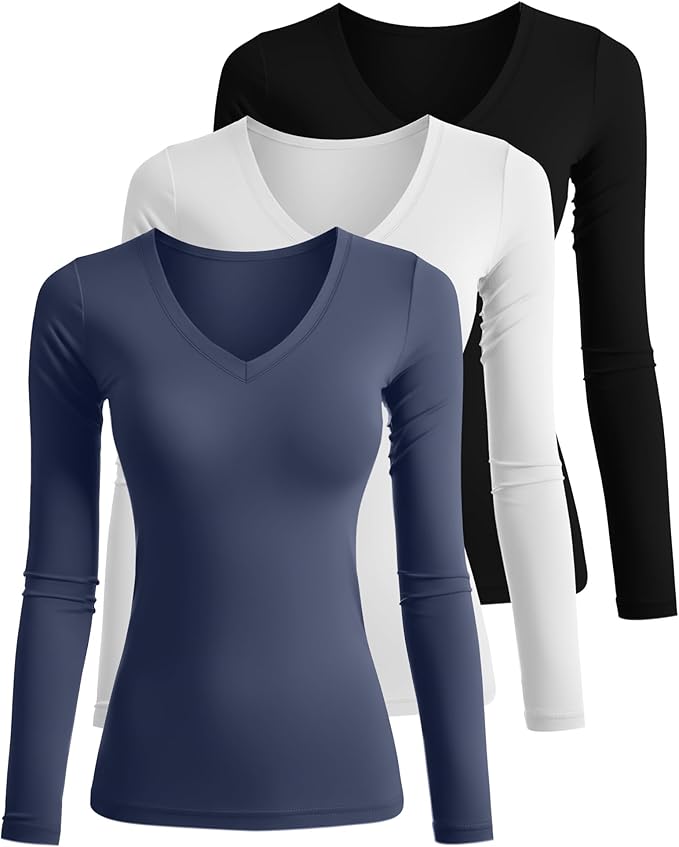 Ficerd 3 Pack Women's Long Sleeve Shirts, V Neck Basic Tees Slim Fitted Casual Fall Tops Going Out Blouses T Shirts
