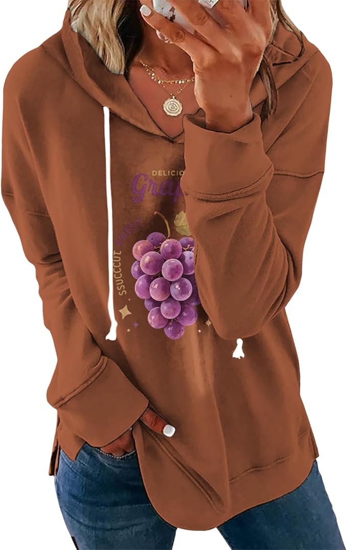 Womens Casual Loose Fit Pullover Sweatshirt with Artistic Print Drawstring Hood Long Sleeve Cotton Blend for Fall