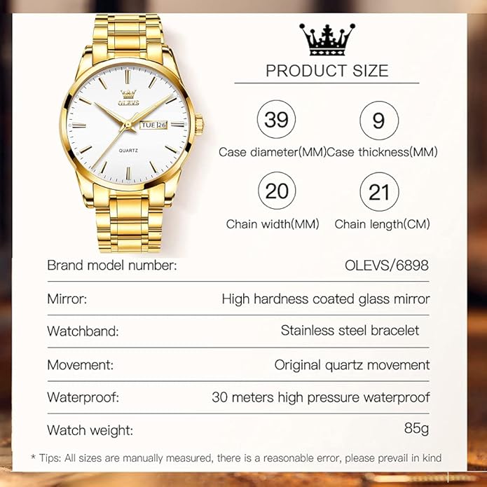 OLEVS Classic Men Watches with Date,Stainless Steel Man Watch with Date, Bussiness Watches for Men,Luminous Quartz Mens Watches Black/White/Blue/Gold, Waterproof Male Watch with Week