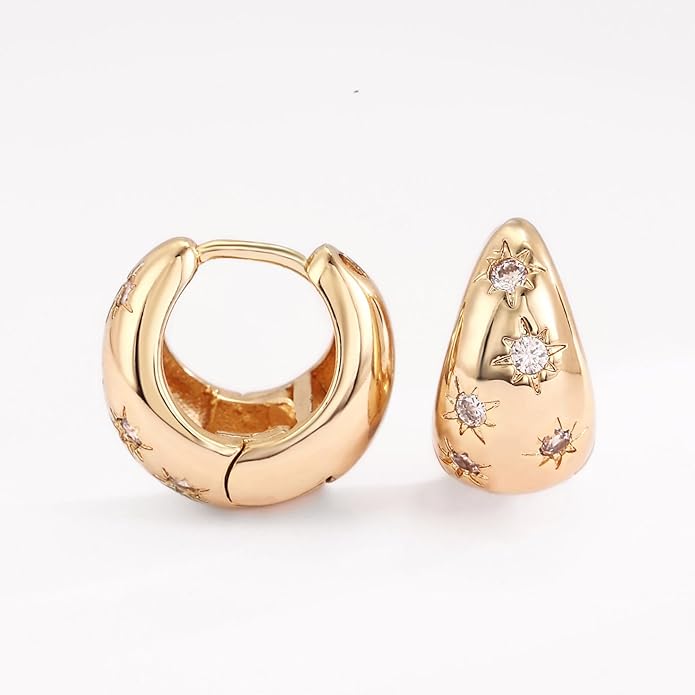 14K Gold Plated Cubic Zirconia Hoop Earrings,Three Row Diamon | Arrows | Double Row of Diamonds Huggie Earrings for Women