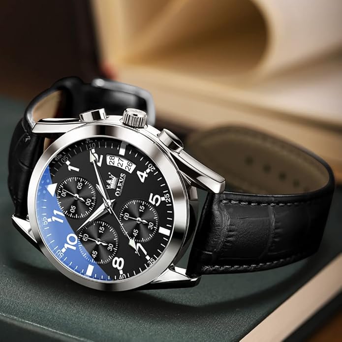 OLEVS Men's Casual Leather Watch, Big Face Chronograph Watch for Men, Fashion Easy to Read Dress Watch, Men's Waterproof Luminous Date Analog Watch, Gold/Black/White/Blue Dial