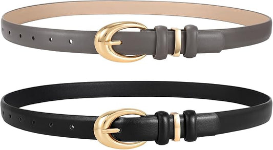 2 Pack Women Leather Belts for Jeans Dress Fashion Ladies Belt with Gold Silver Buckle