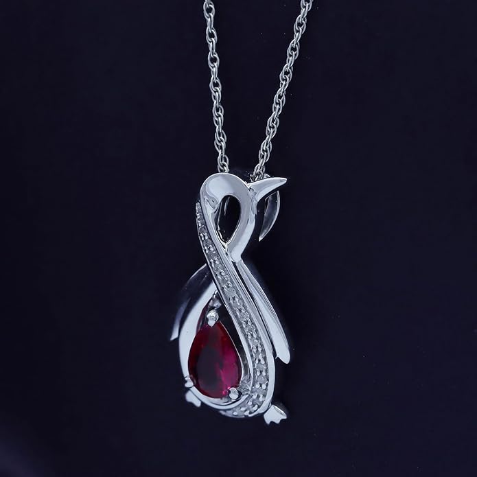 Infinity Penguin Pendant Necklace for Women, 14K Gold Over Sterling Silver with Pear & Round Cut Simulated Birthstone & White Diamond Accents, Dainty Animal Jewelry Gift with 18" Chain