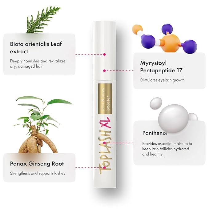 TOPLASH XL Lash and Brow Booster, Growth Serum with Eyelash and Eyebrow Enhancer, Promotes Stronger, Thicker, Healthier Lashes with Botanicals and Peptides - 0,2 Fl Oz(6 ml)